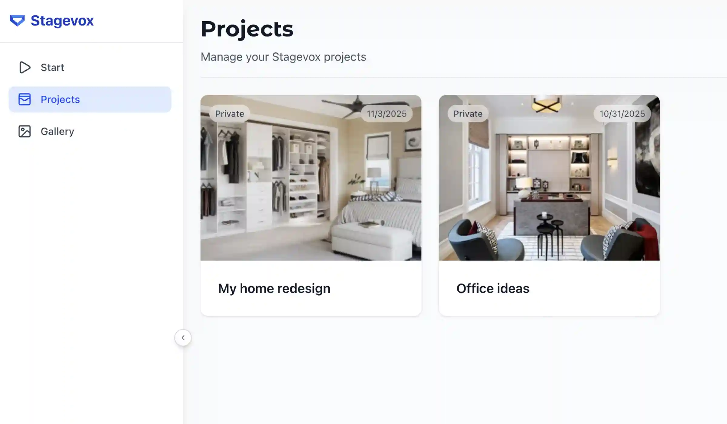 Real estate project management dashboard organizing multiple property listings and virtual staging projects for agents and brokers
