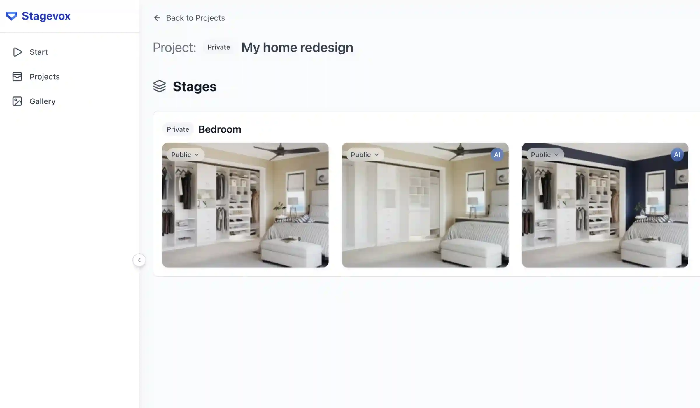 AI room-by-room staging interface showing individual property rooms with virtual furniture and design options for home staging