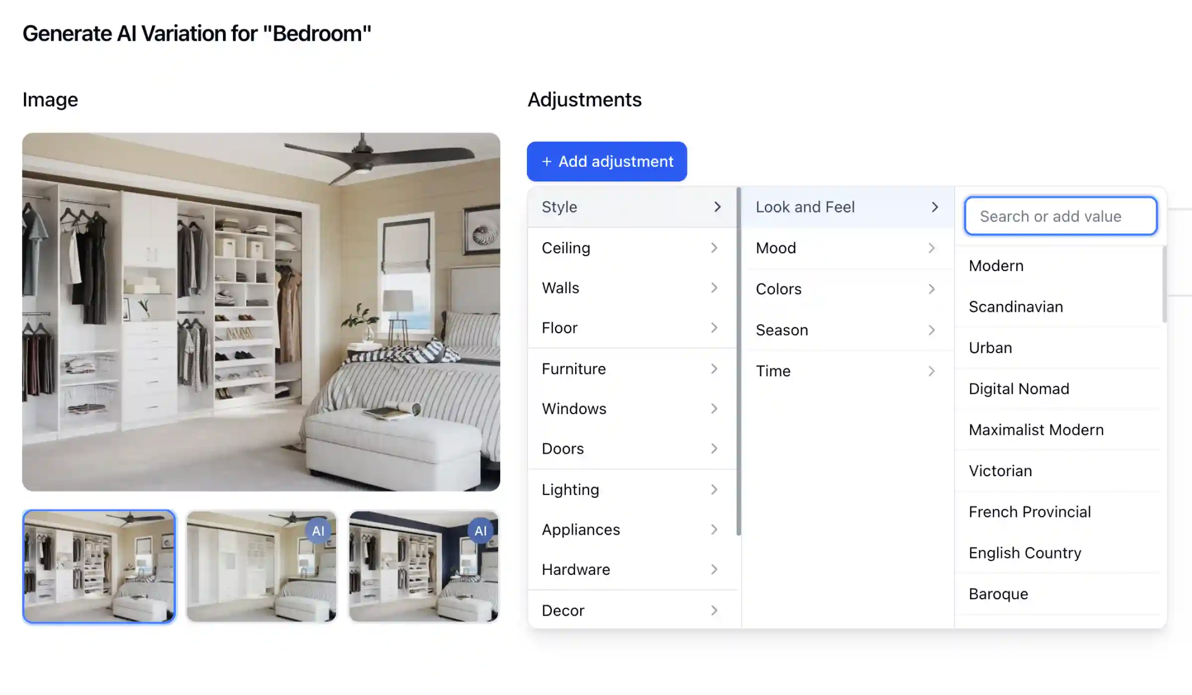 AI virtual staging software showing multiple interior design variations and styles for real estate property staging